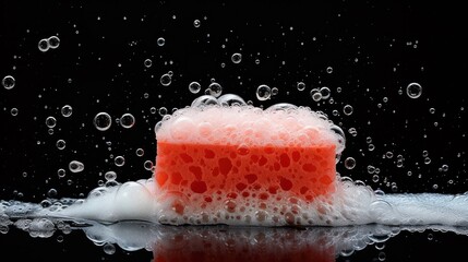 soap foam and red sponge in foam with bubbles isolated on black background - obrazy, fototapety, plakaty