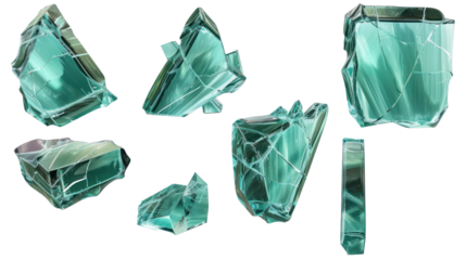 broken glass pieces set isolated on transparent or white background, clipping path