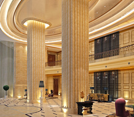 3d render luxury hotel lobby entrance reception