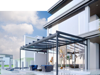 3d render of modern glass roof patio cover, winter garden