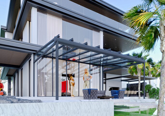 3d render of modern glass roof patio cover, winter garden - obrazy, fototapety, plakaty