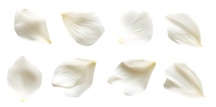 Collection of soft white flower petals isolated on transparent background