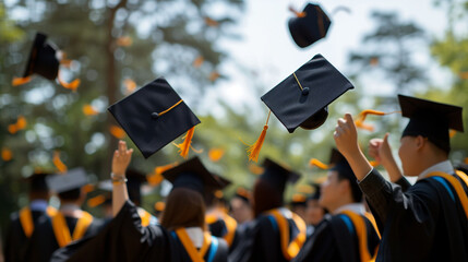 graduation hats in the air celebrating, education concept with students celebrate success with hats. Group of cheerful student throwing graduation hats in the air celebrating, education concept.