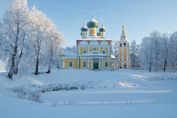 Winter landscape with the ancient Transfiguration Cathedral. Uglich, Yaroslavl region. Golden ring of Russia