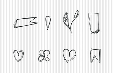 Hand sketches of heart, flowers, plant, tag , label, point