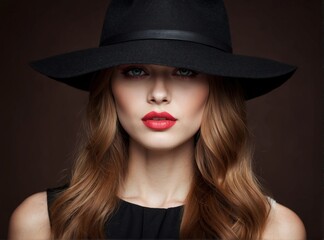 Fototapeta na wymiar Fashion photo of young magnificent woman in hat. Girl posing. Studio photo. Perfect Makeup