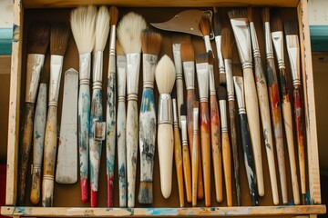 artists toolbox with paintbrushes and palette knives sorted by type