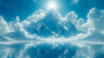 Snowcapped mountains reflect in a lake under a clear blue sky with radiant sunlight, ai generated - Powered by Adobe