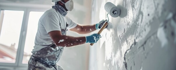 Painter using white roller for wall painting