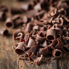 Chocolate curls on wooden table close up, ai technology