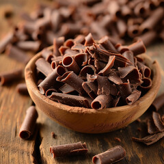 Chocolate curls on wooden table close up, ai technology