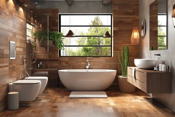 Fototapeta premium Modern stylish bathroom with white toilet bathtub and beige wooden walls in a minimalist style at simple apartment of hotel room or spa center. Interior design concept