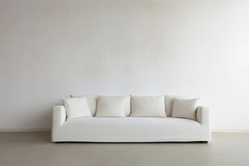 White sofa in an empty room. Simple spacious room with white neutral walls and soft sofa, mockup
