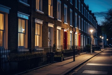 Fototapeta na wymiar Illuminated houses brighten London streets at night.