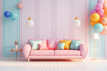 A dreamy pastel multicoloured room with a sofa in the middle. (Generative AI)