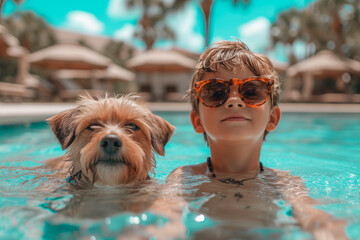 Boy and dog enjoying pool time