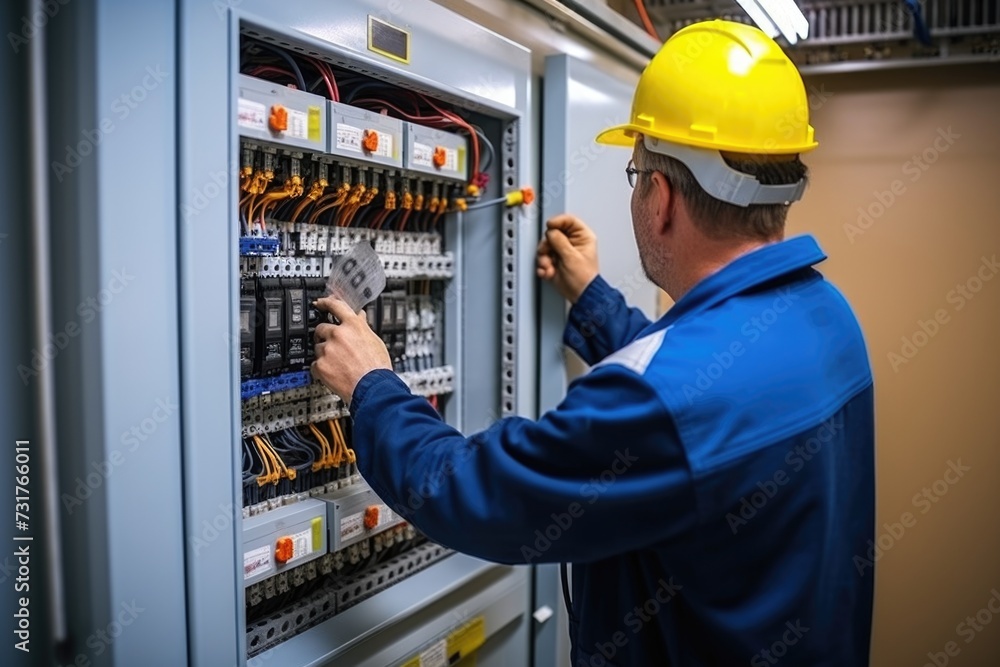 Poster electrician engineer checks control panel for high current and voltage