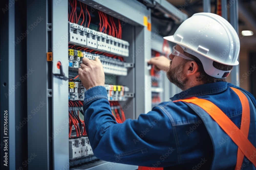 Poster electrician engineer checks control panel for high current and voltage
