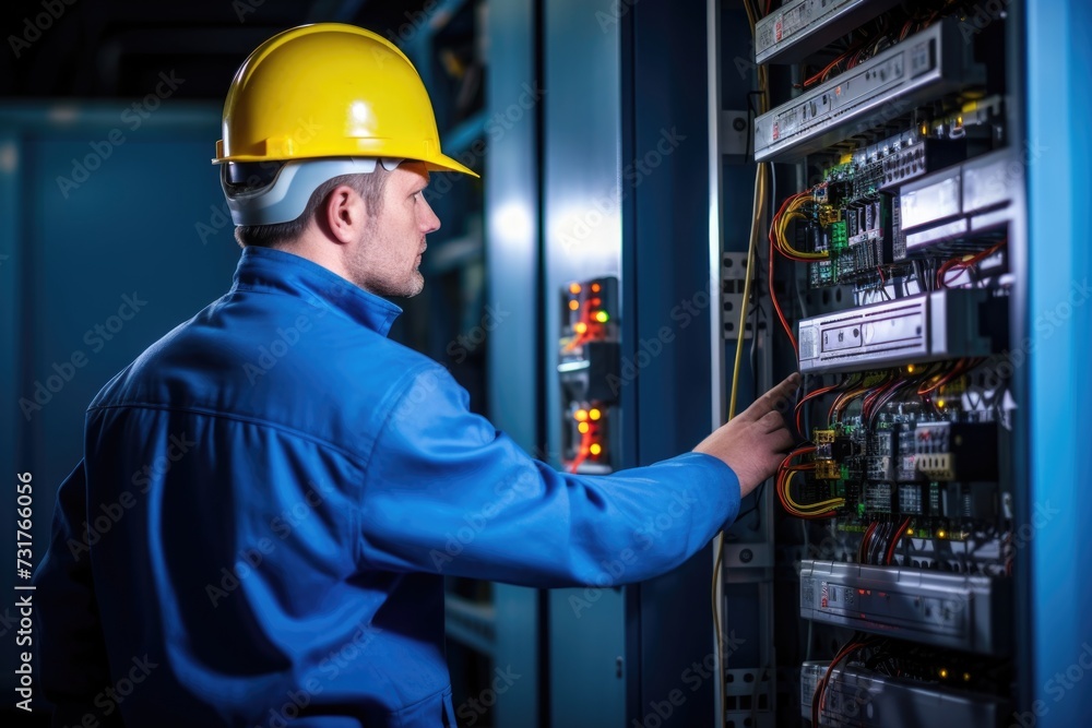 Poster electrician engineer checks control panel for high current and voltage