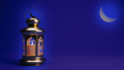 Ramadan background with Arabic lantern, crescent moon and copy space, 3d render.