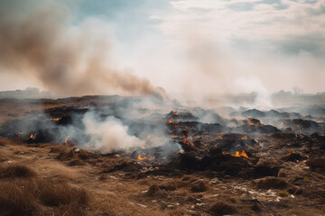 A field filled with heavy smoke billowing out from the ground, creating a hazy and obscured landscape