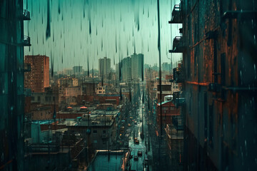 View from balcony on the city street filled with buildings and black rain. Ecology disaster concept