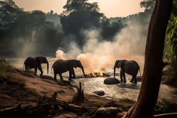 Herd of Elephants Standing on Top of a River