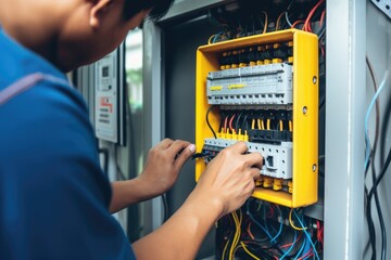 Engineer checks electricity with multimeter at circuit breaker. - obrazy, fototapety, plakaty