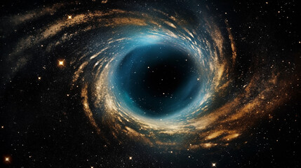 Black hole in a space. Colored stars and galaxy around