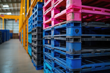 Colorful plastic pallets stacked in warehouse