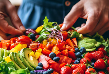 A person meticulously preparing a vibrant and nutritious salad using an array of fresh ingredients. Salad from berries fruits and vegetables