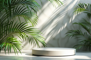 Fototapeta premium Podium with palm and light rays