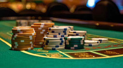 Fototapeta premium A green table adorned with an incredible array of poker chips, creating a scene that is both captivating and immersive