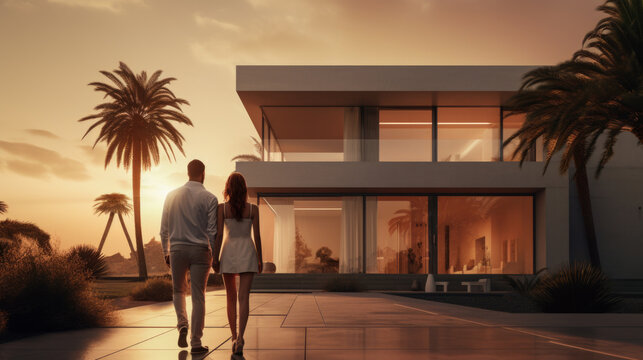couple embracing in front of new big modern house, outdoor rear view back looking at their dream home