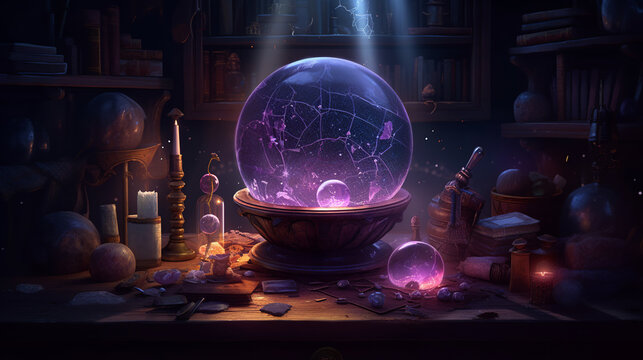 Crystal ball on table and against dark background. Magic and predictions of future concept
