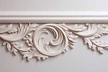 Decorative clay stucco with an ornament on a white ceiling or wall in an abstract classic white interior	