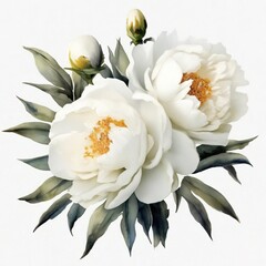 bouquet of white peonies flowers watercolor isolated on white background.