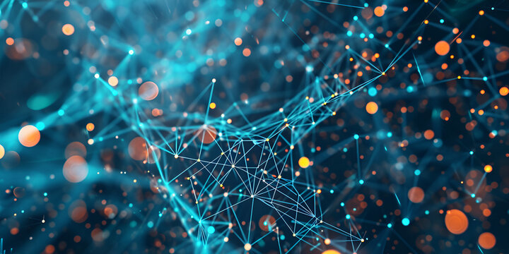 In a dynamic technological environment, a web of interwoven digital patterns, with nodes and lines forming complex algorithms.