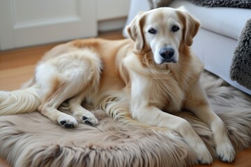 Naklejka na ściany i meble dog lying on a plush new rug with paws stretched