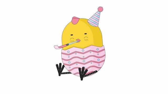 Party blowing cute baby chicken in birthday hat line 2D character animation. Funny bird flat color cartoon 4K video, alpha channel. Whistle noisemaker small chick animated bird on white background