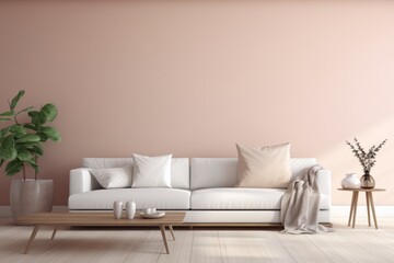 Cozy living room in a minimalist Scandinavian style with a sofa, pillows and a chair nearby and with light beige walls.	
