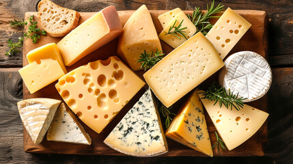 Different types of cheese served on wooden plank