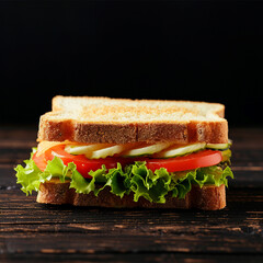Fresh and tasty sandwich on wooden table on black background, ai technology