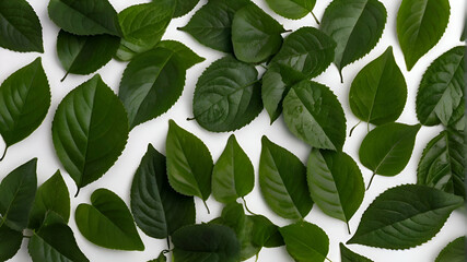 Green leaves isolated on white background, top view. Background with green leaves