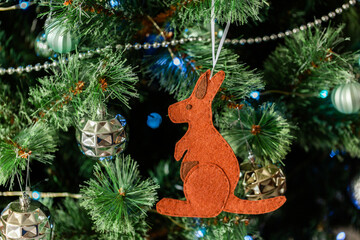 Homemade felt kangaroo hanging on Christmas tree