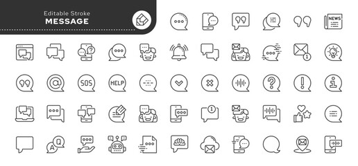 .Message.Talking bubble, conversation, discussion, dialogue, chat,social networks.Text, audio message. Set of line icons in linear style. Outline icon collection. Pictogram