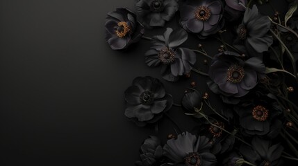 black flowers on a black background with space for text. - obrazy, fototapety, plakaty
