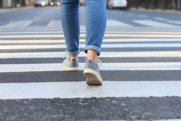 person crossing a city road zebra crossing, feet in focus