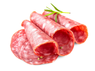 Salami sausage slices ham isolated on transparent or white background, png