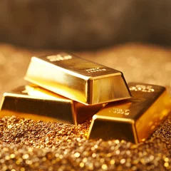 Rolgordijnen Gold bars on nugget grains background, close-up, ai technology © Rashid